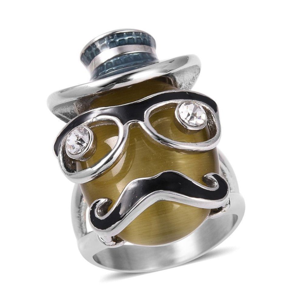 Khakiย Cats Eye and White Austrian Crystal Ring